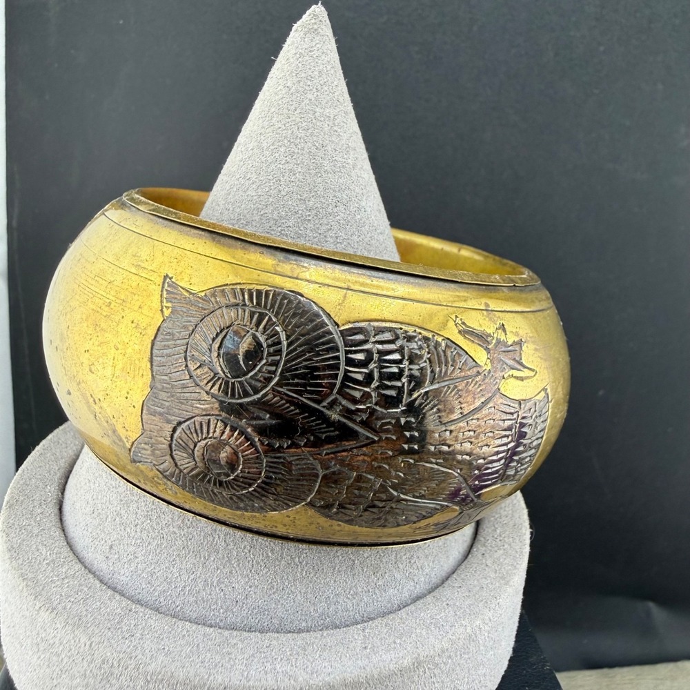 Vintage Brass Bangle Bracelet Owl 8.5" Heavy